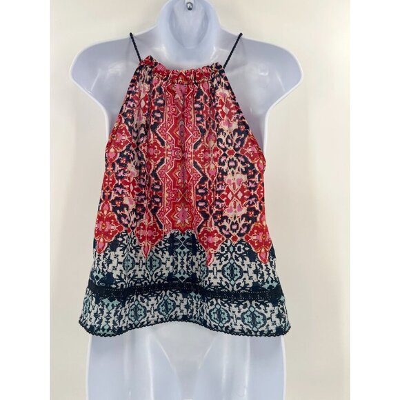 Gypsy XS Halter Top Red Blue Medallion Print Tie-Front Boho Festival Cami - Picture 2 of 10